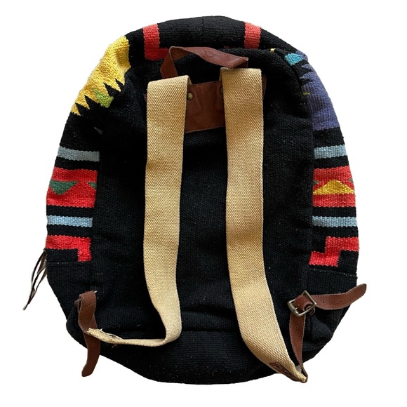 ANTHROPOLOGIE Serape Tribal Aztec Black Multicolor Boho Backpack Leather - Picture 2 of 8